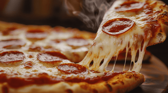 Gorący kawałek pizzy z ciągnącym się serem